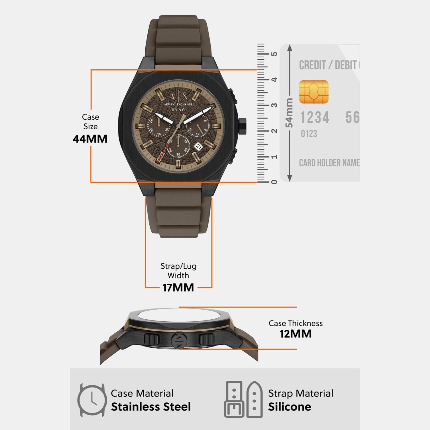 Men Quartz Brown Dial Chronograph Silicone Watch AX4293