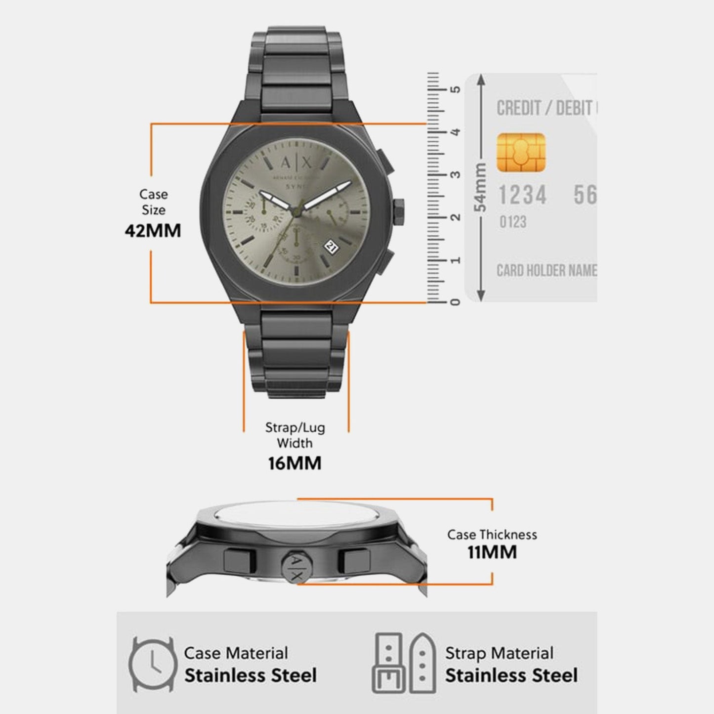 Men Quartz Grey Dial Chronograph Stainless Steel Watch AX4296