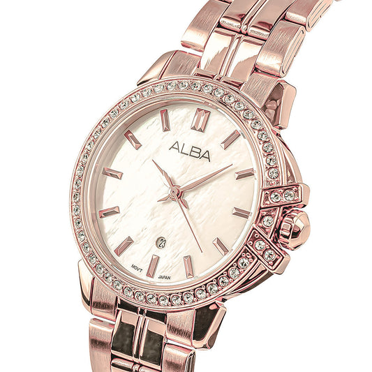 AH7CW8X1 Rose Gold Ladies Watch with Mother of Pearl Dial and Crystals