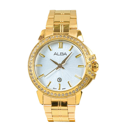 AH7CX0X1 Yellow Gold Ladies Watch with Mother of Pearl Dial  and Crystals
