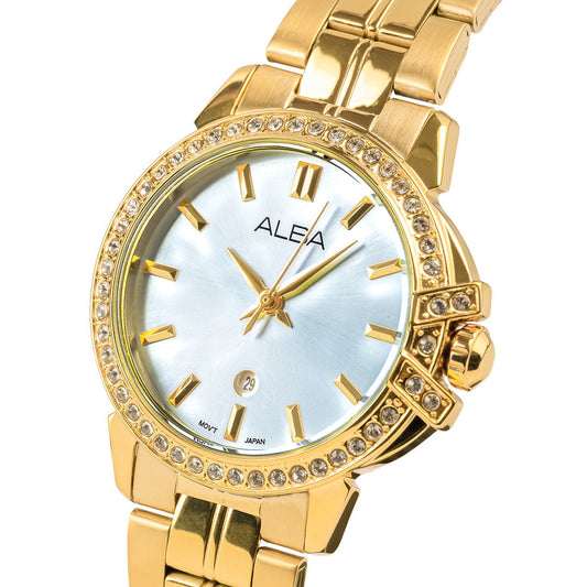 AH7CX0X1 Yellow Gold Ladies Watch with Mother of Pearl Dial  and Crystals