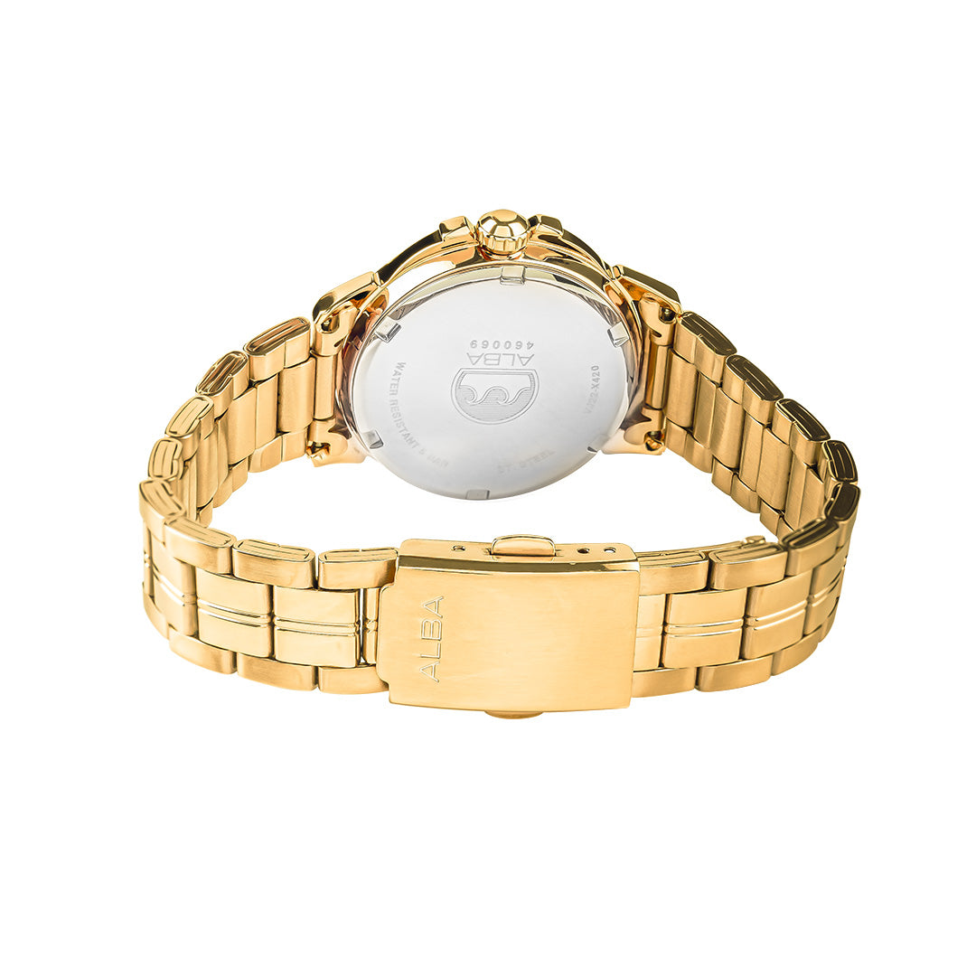 AH7CX0X1 Yellow Gold Ladies Watch with Mother of Pearl Dial  and Crystals