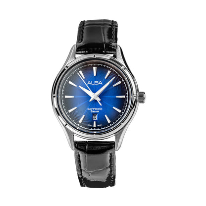 AH7CZ1X1 Deep Blue Patterened Dial Ladies Watch with Black Leather Strap