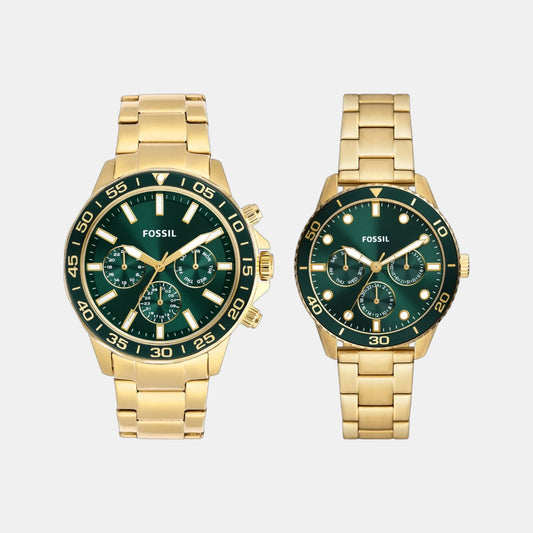 Bannon Couple Quartz Green Dial Multi-Function Stainless Steel Watch BQ2754SET