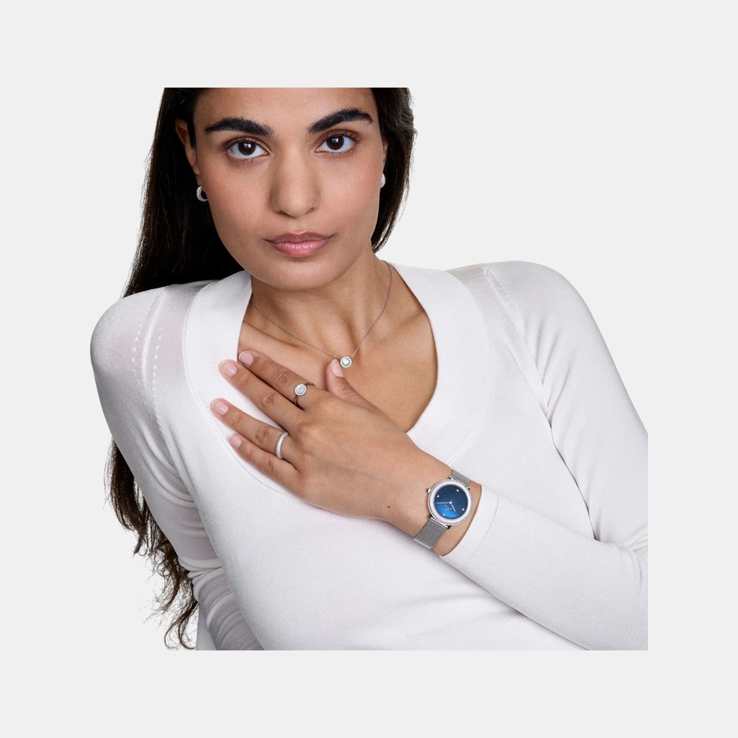 Crystal Bezel Women Quartz Blue Dial Analog Stainless Steel Watch DW00100825K