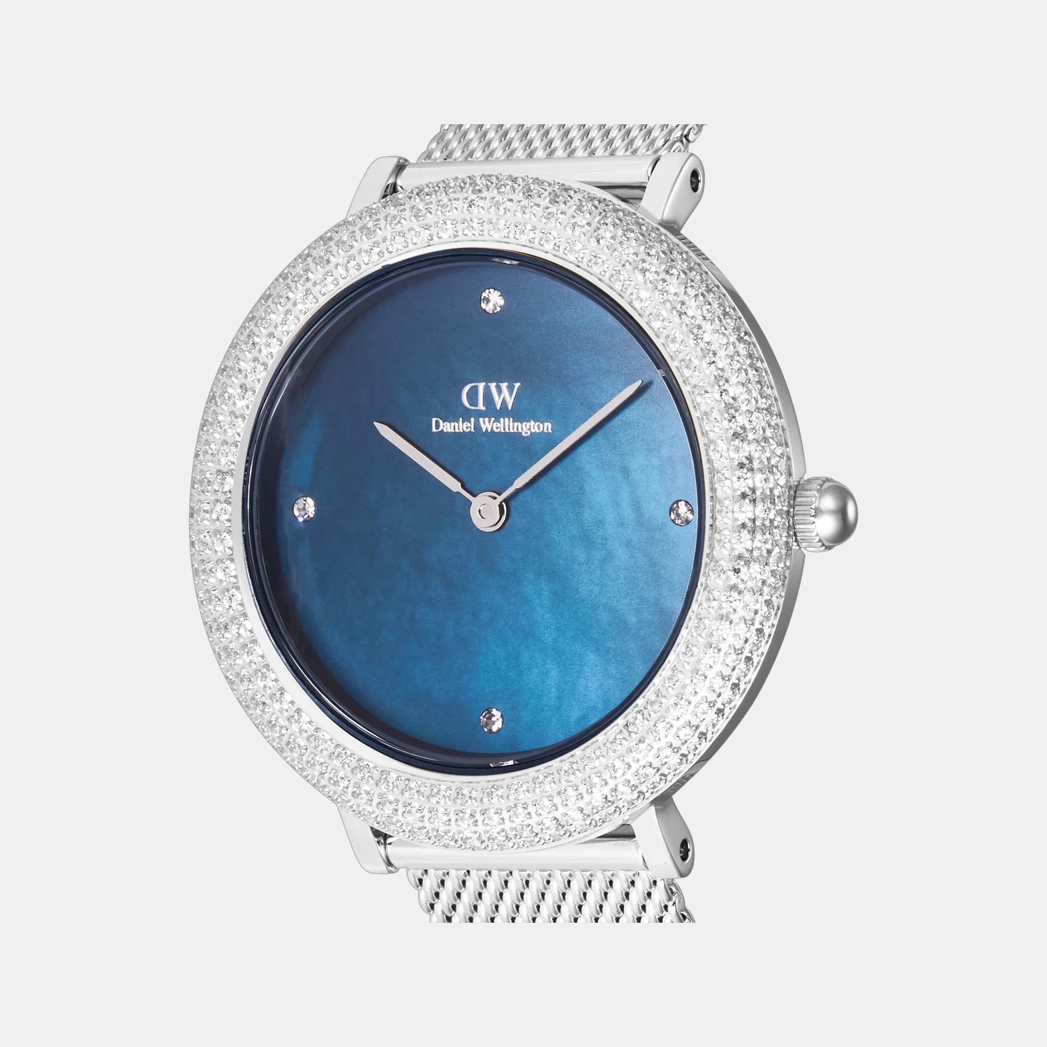 Crystal Bezel Women Quartz Blue Dial Analog Stainless Steel Watch DW00100825K