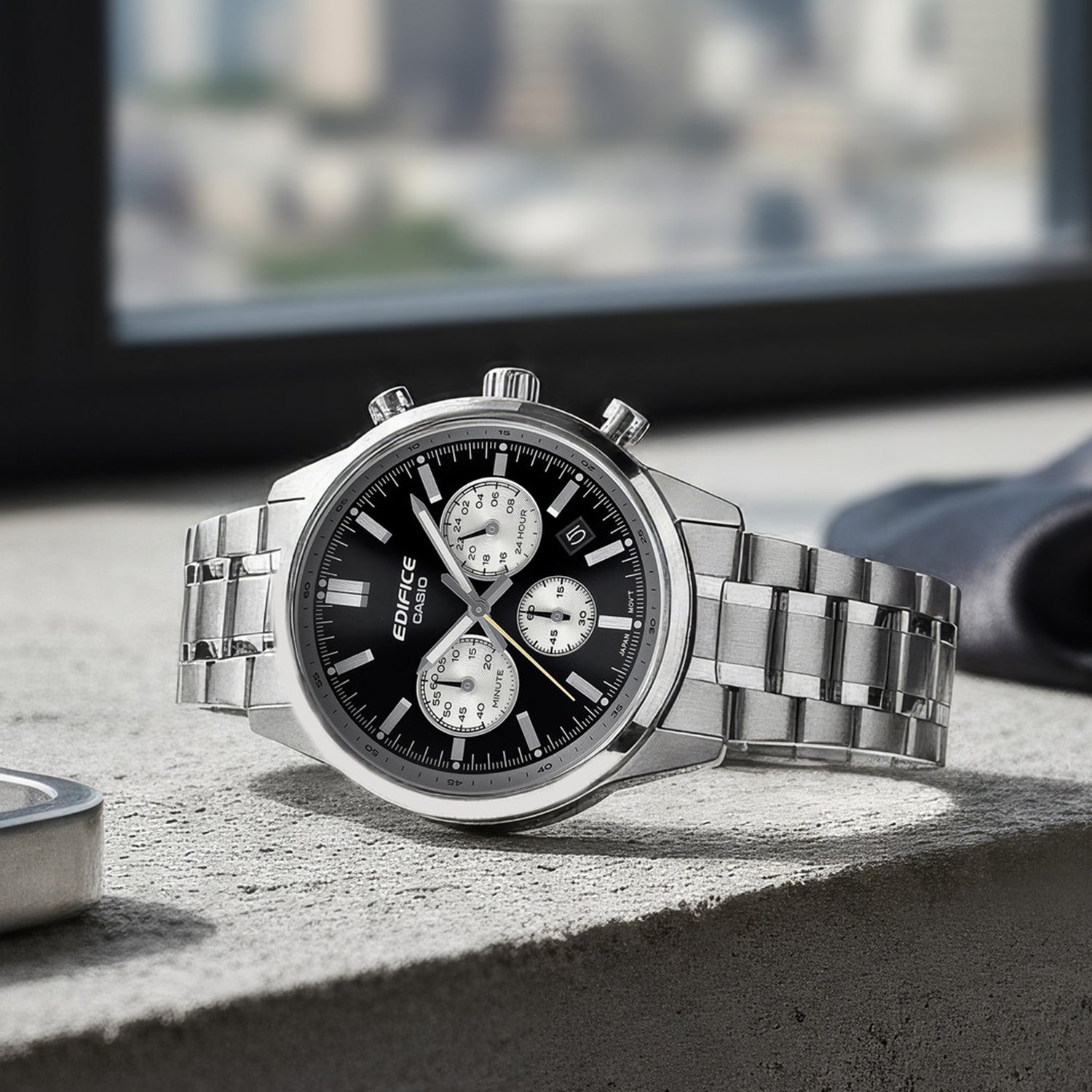 Edifice Men Quartz Black Dial Multi-Function Stainless Steel Watch ED655