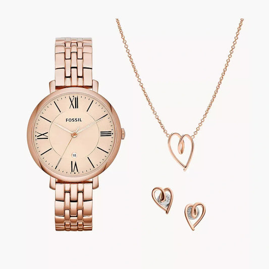 Fossil Jacqueline Three-Hand Date Rose Gold-Tone Stainless Steel Watch And Jewellery Set