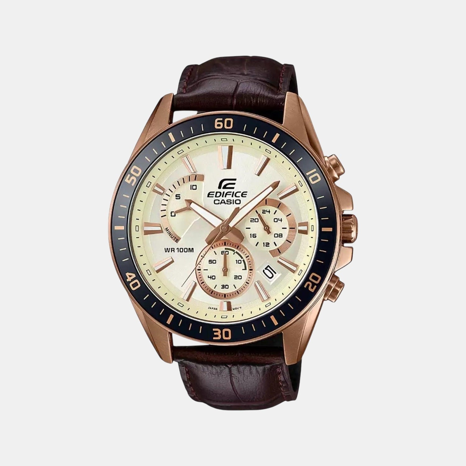 Edifice Men Quartz Beige Dial Chronograph Leather Watch EX359