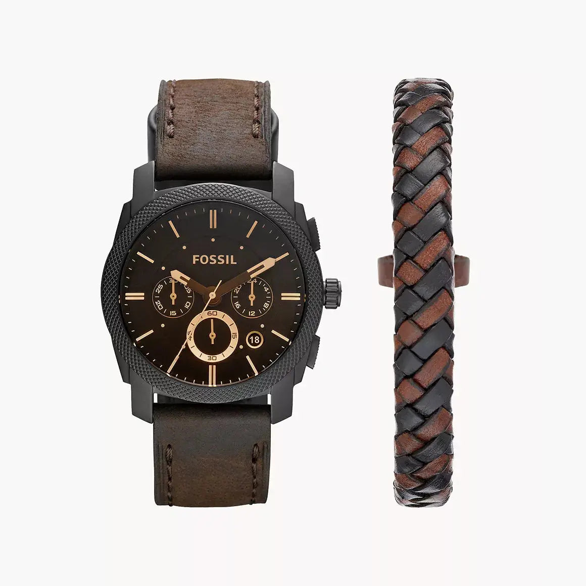 Fossil Machine Chronograph Dark Brown Leather Watch And Bracelet Box Set