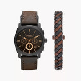 Fossil Machine Chronograph Dark Brown Leather Watch And Bracelet Box Set