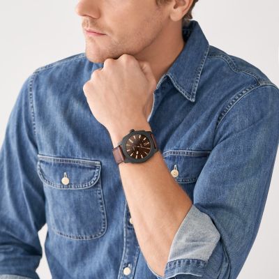 Fossil Machine Three-Hand Date Dark Brown LiteHide™ Leather Watch