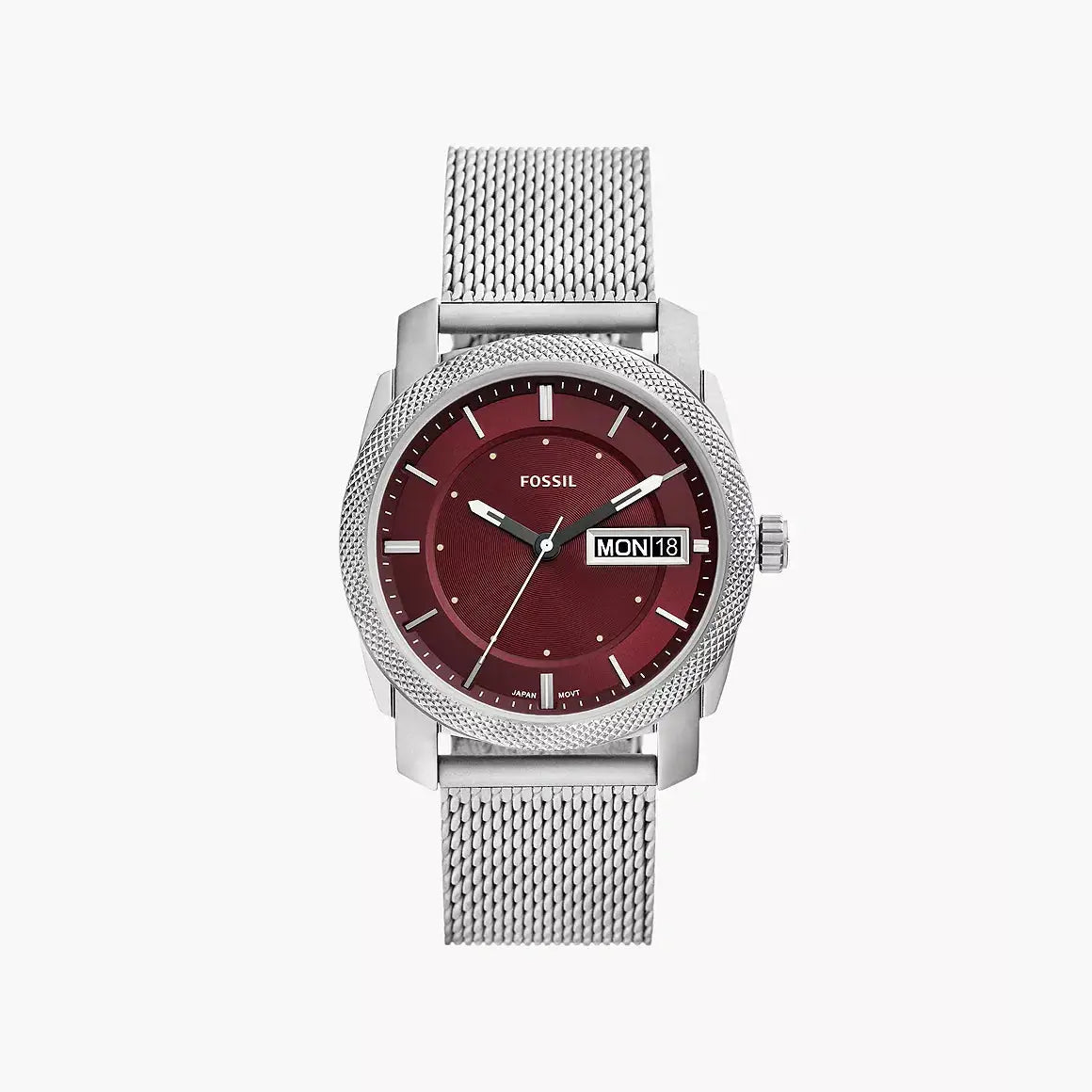 Fossil Machine Three-Hand Day-Date Stainless Steel Mesh Watch
