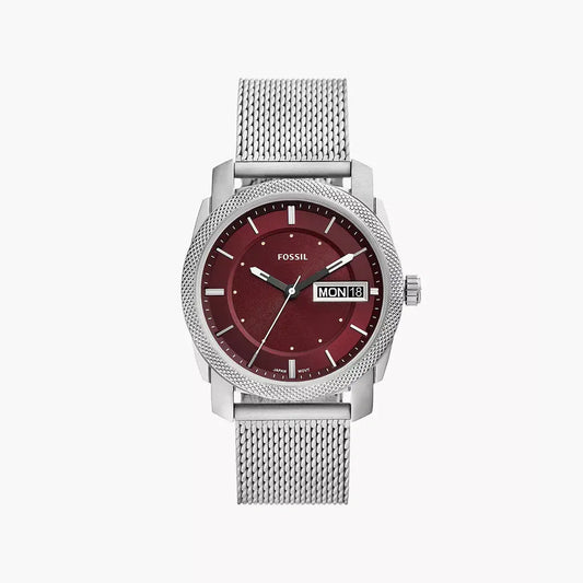 Fossil Machine Three-Hand Day-Date Stainless Steel Mesh Watch