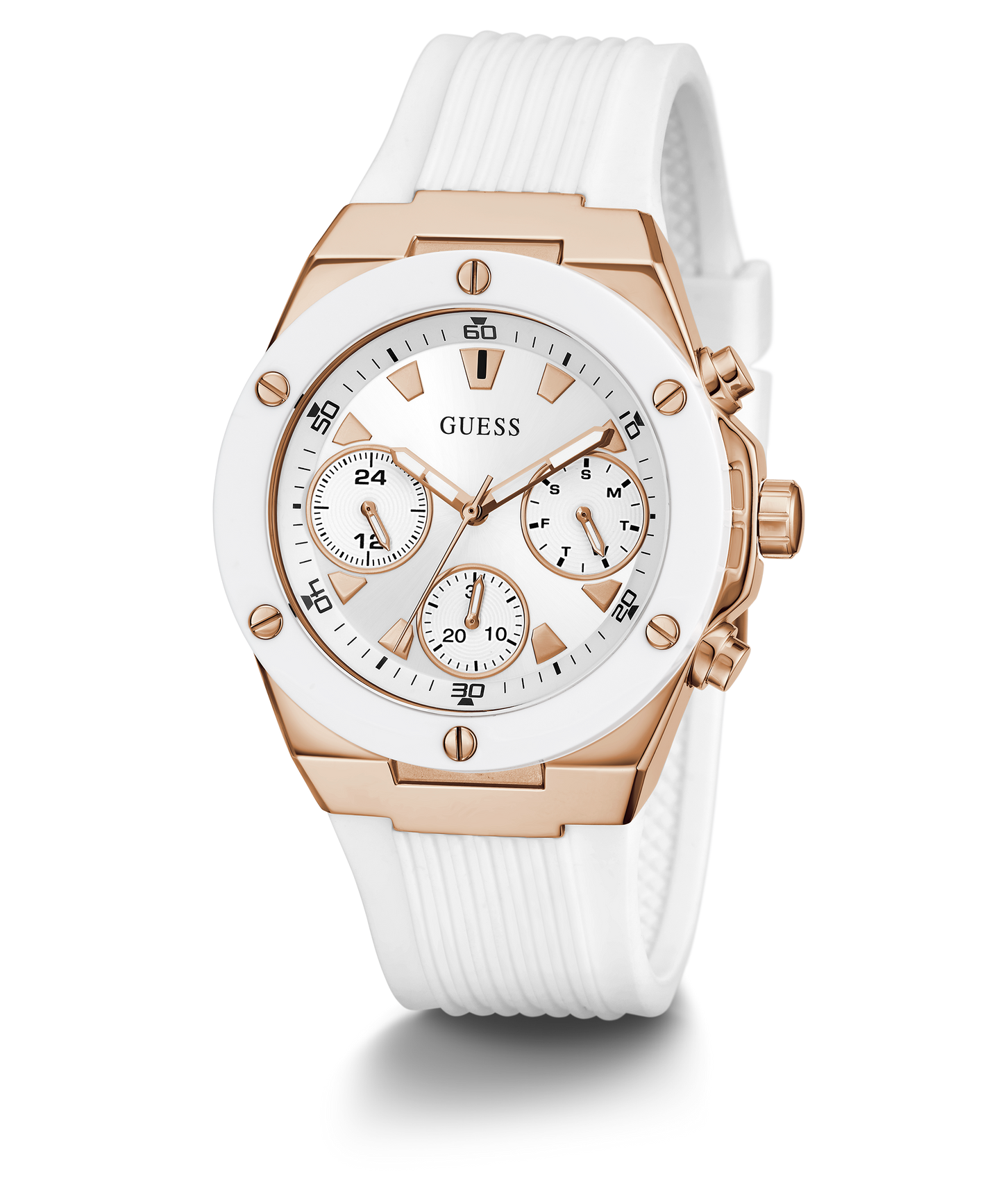 GUESS Ladies White Rose Gold Tone Multi-function Watch