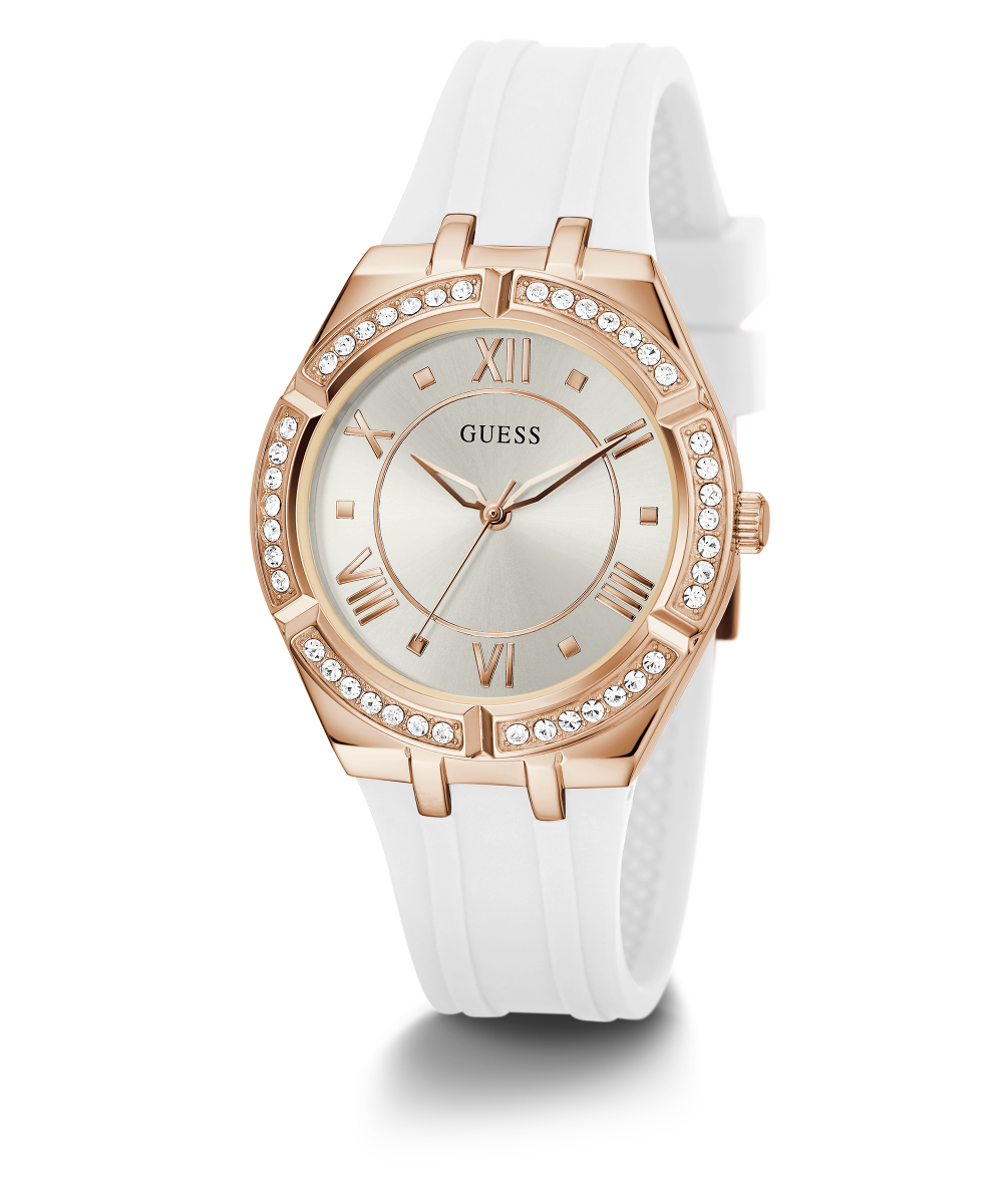 GUESS Ladies White Rose Gold Tone Analog Watch