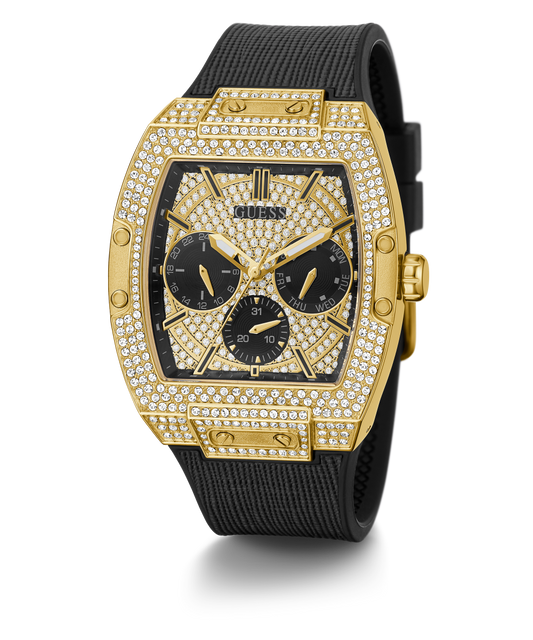 GUESS Mens Black Gold Tone Multi-function Watch
