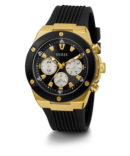 GUESS Mens Black Gold Tone Multi-function Watch