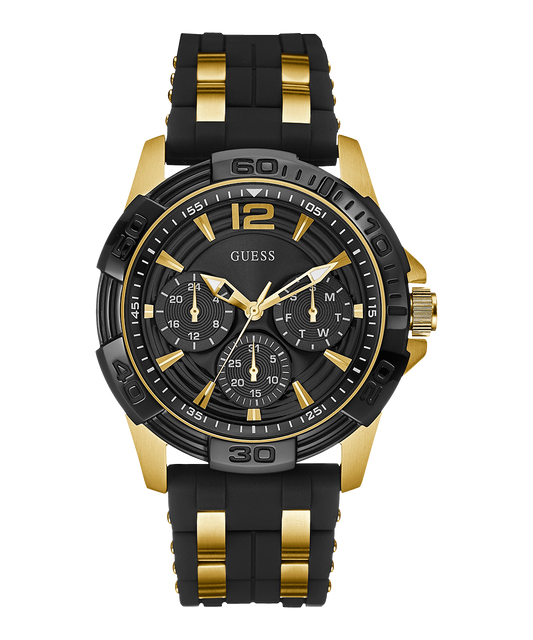 GUESS Mens Black Gold Tone Multi-function Watch