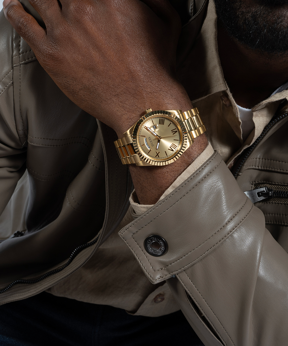 GUESS Mens Gold Tone Day/Date Watch