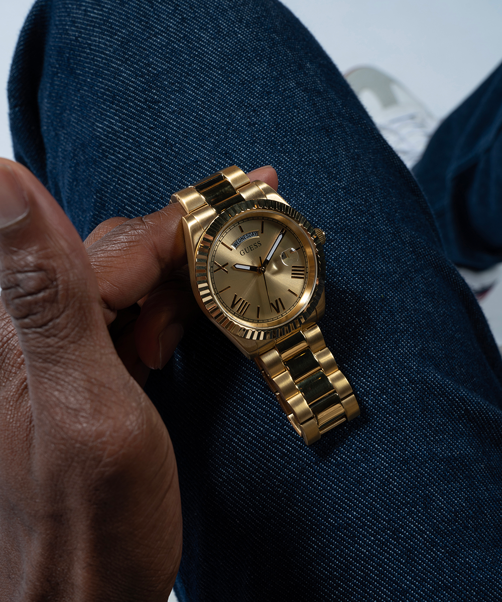 GUESS Mens Gold Tone Day/Date Watch