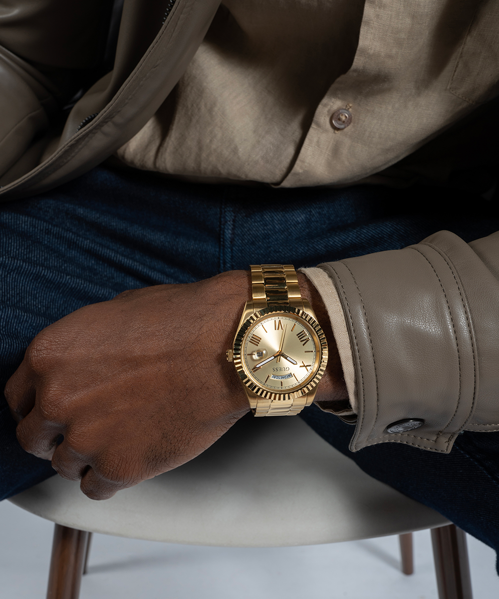 GUESS Mens Gold Tone Day/Date Watch