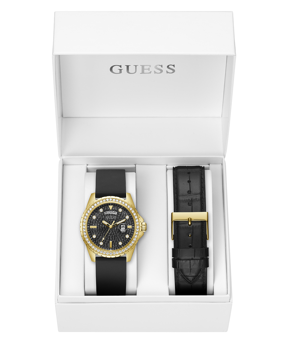 GUESS Mens Black Gold Tone Day/Date Watch