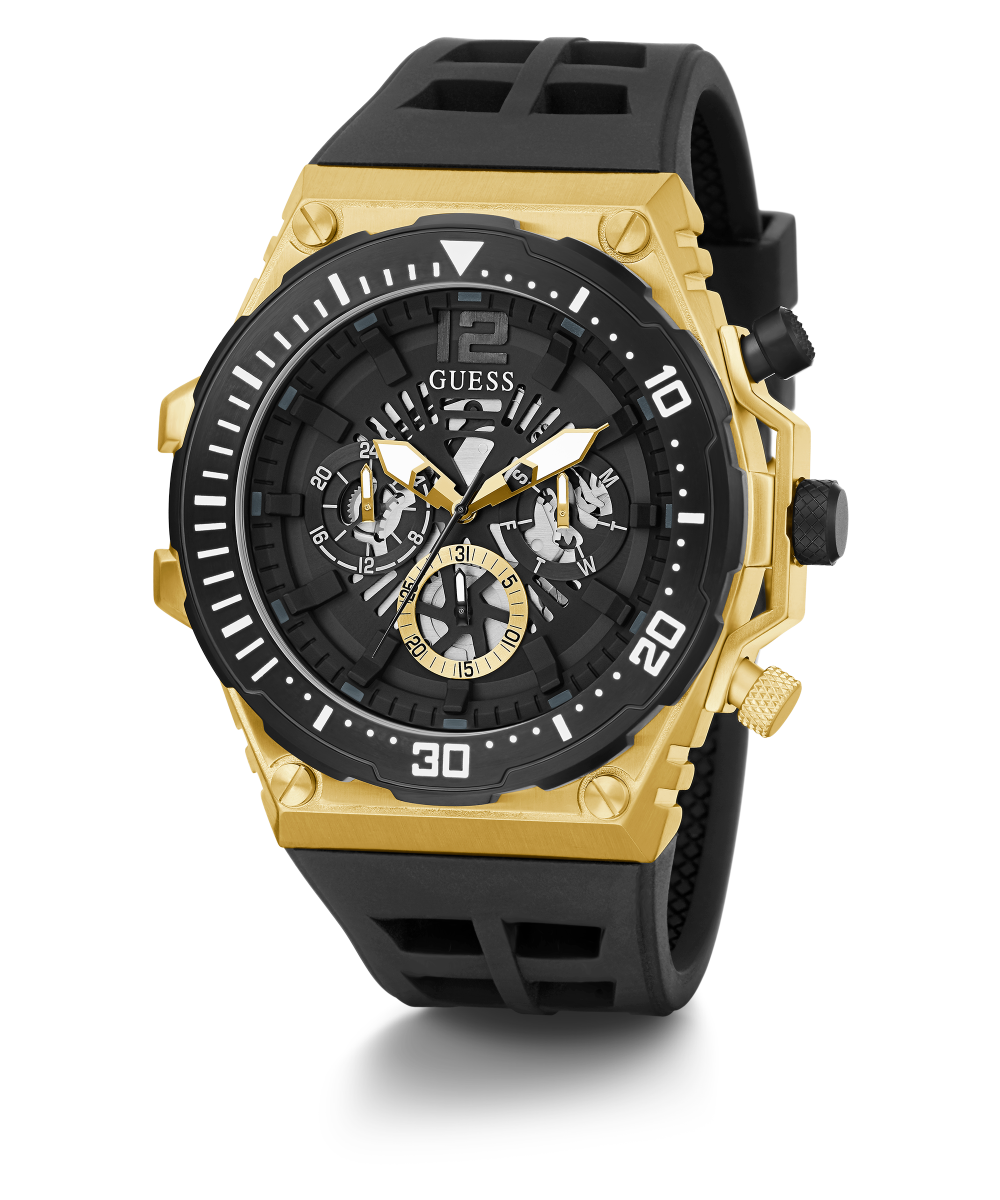 GUESS Mens Black Gold Tone Multi-function Watch
