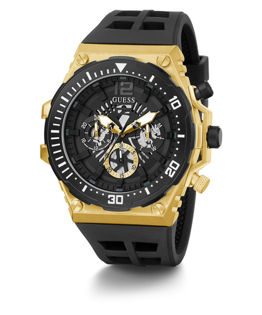 GUESS Mens Black Gold Tone Multi-function Watch