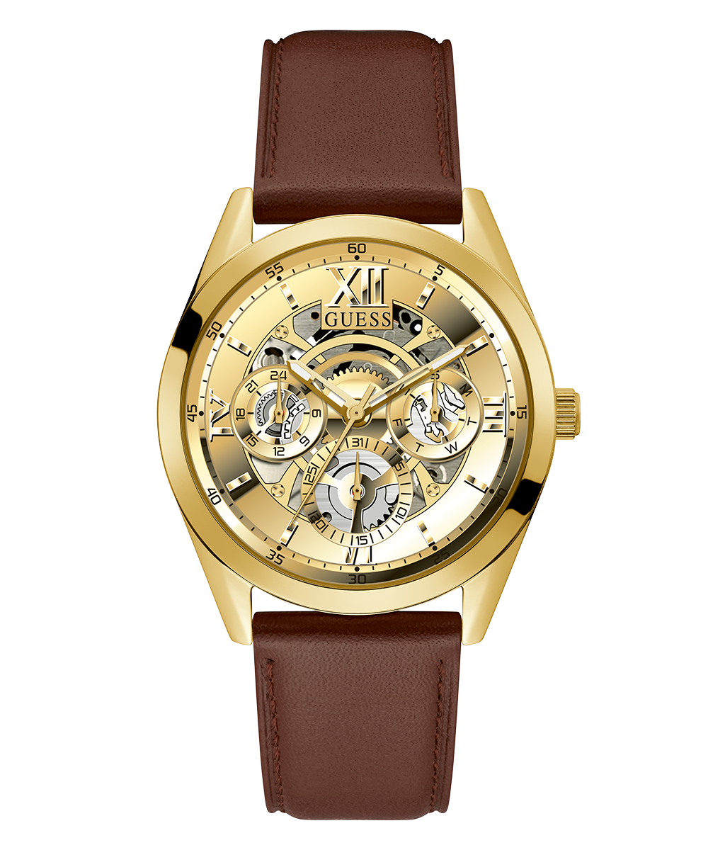 GUESS Mens Chocolate Brown Gold Tone Multi-function Watch