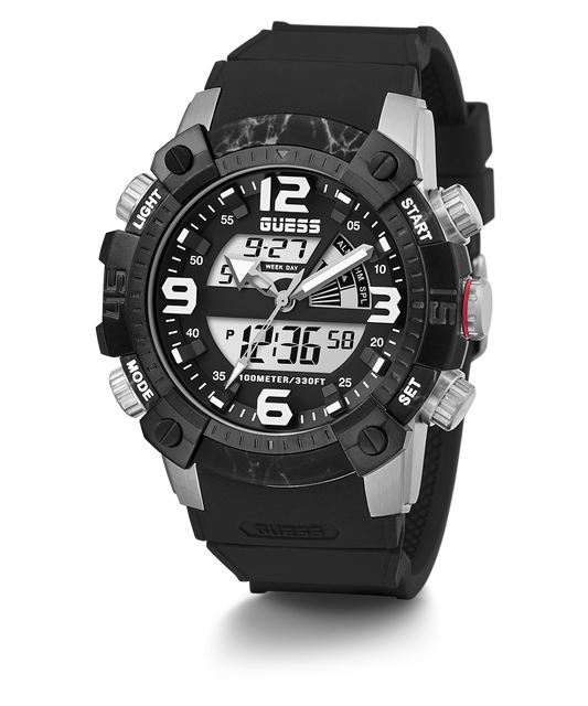 GUESS Mens Black Silver Tone Digital Watch