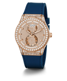 GUESS Ladies Blue Rose Gold Tone Multi-function Watch