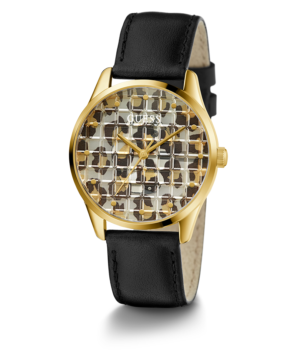 GUESS Ladies Black Gold Tone Analog Watch