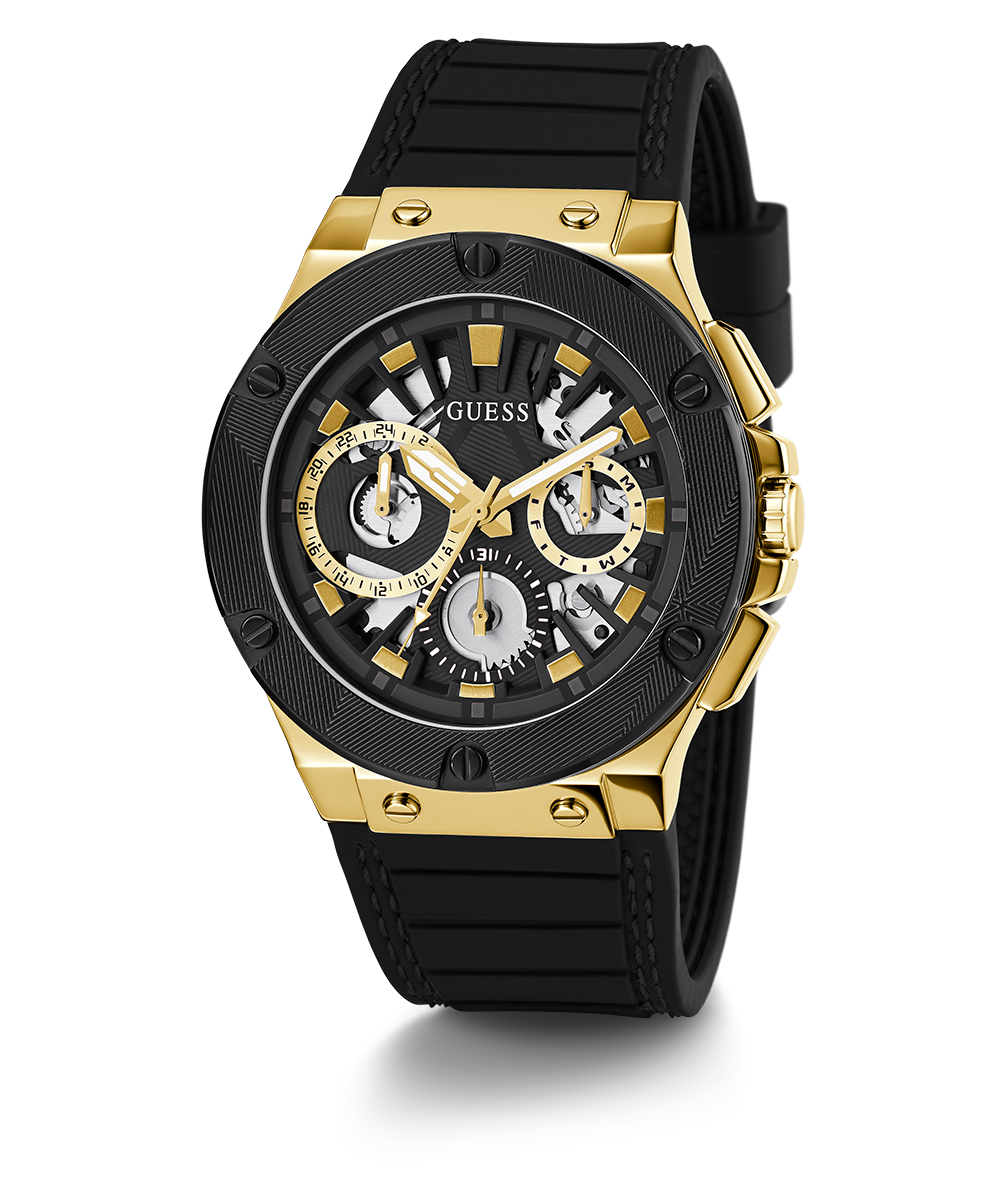 GUESS Mens Black Gold Tone Multi-function Watch