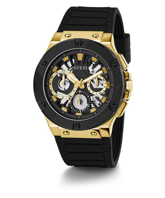 GUESS Mens Black Gold Tone Multi-function Watch