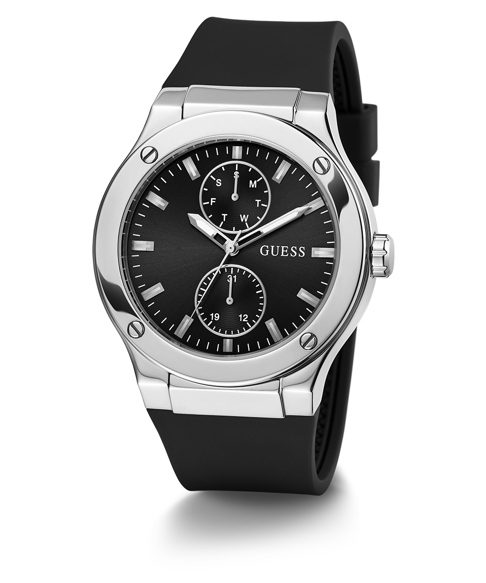 GUESS Mens Black Silver Tone Multi-function Watch