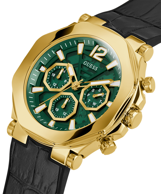 GUESS Mens Black Gold Tone Multi-function Watch