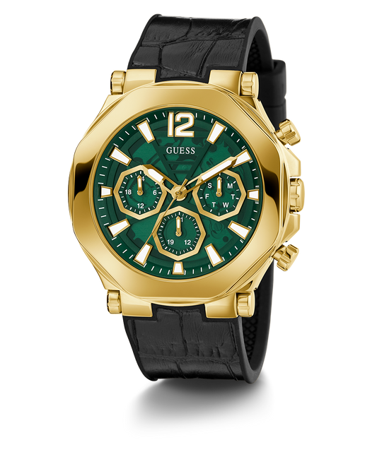 GUESS Mens Black Gold Tone Multi-function Watch