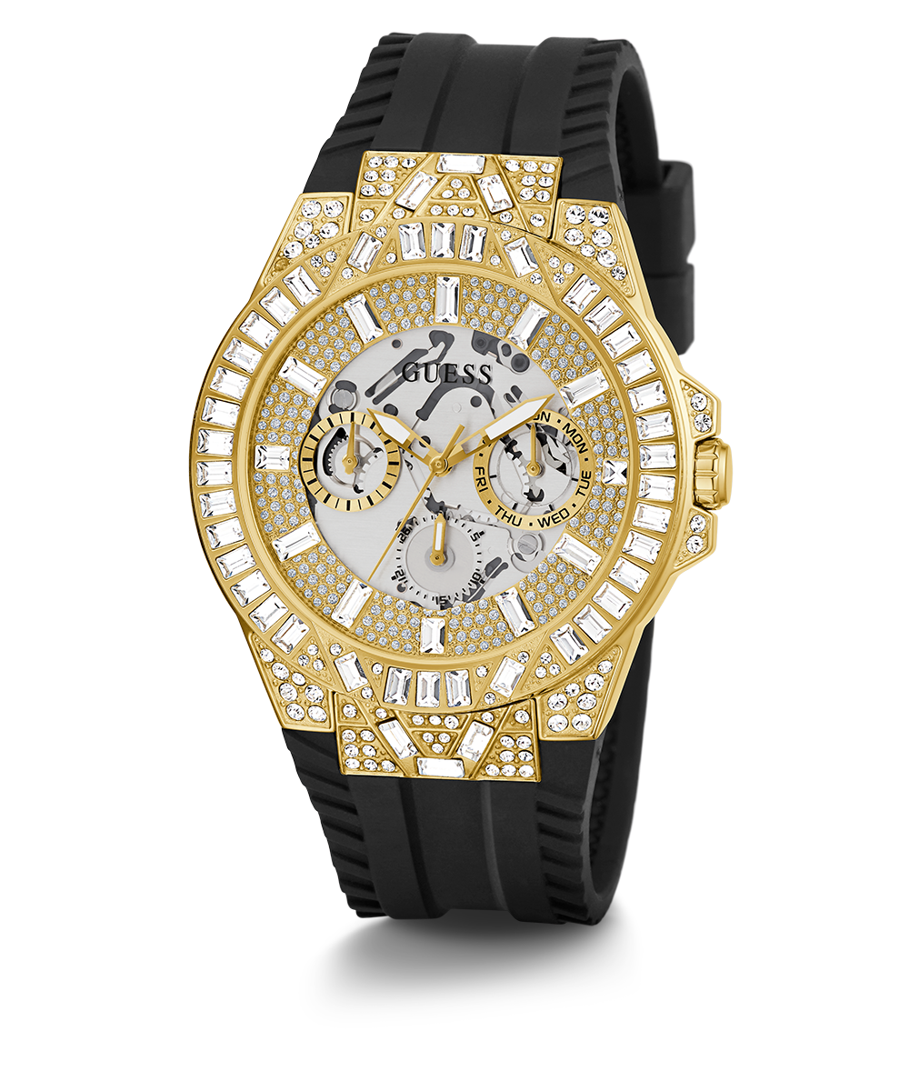 GUESS Mens Black Gold Tone Multi-function Watch