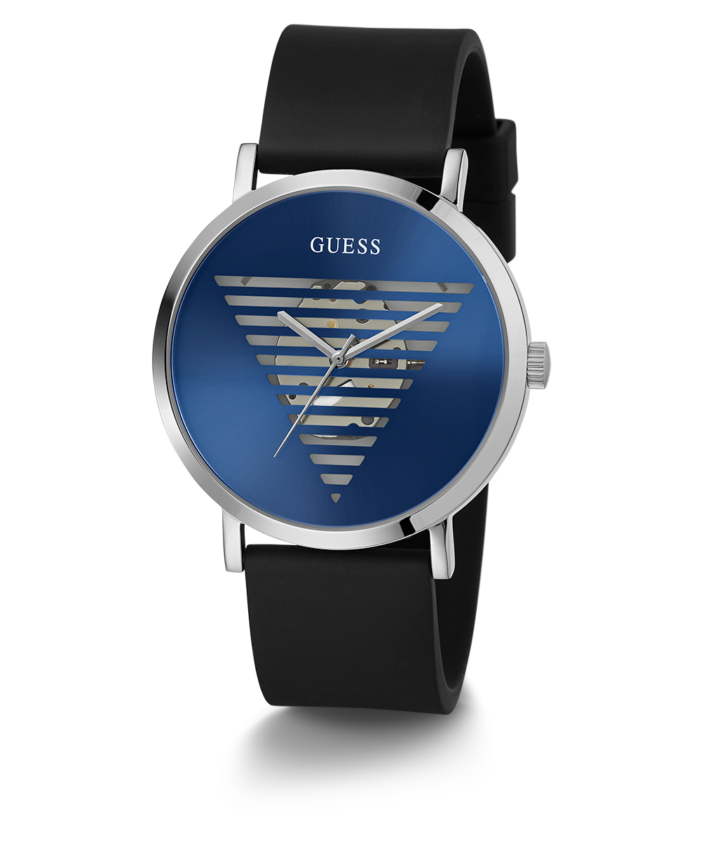 GUESS Mens Black Silver Tone Analog Watch