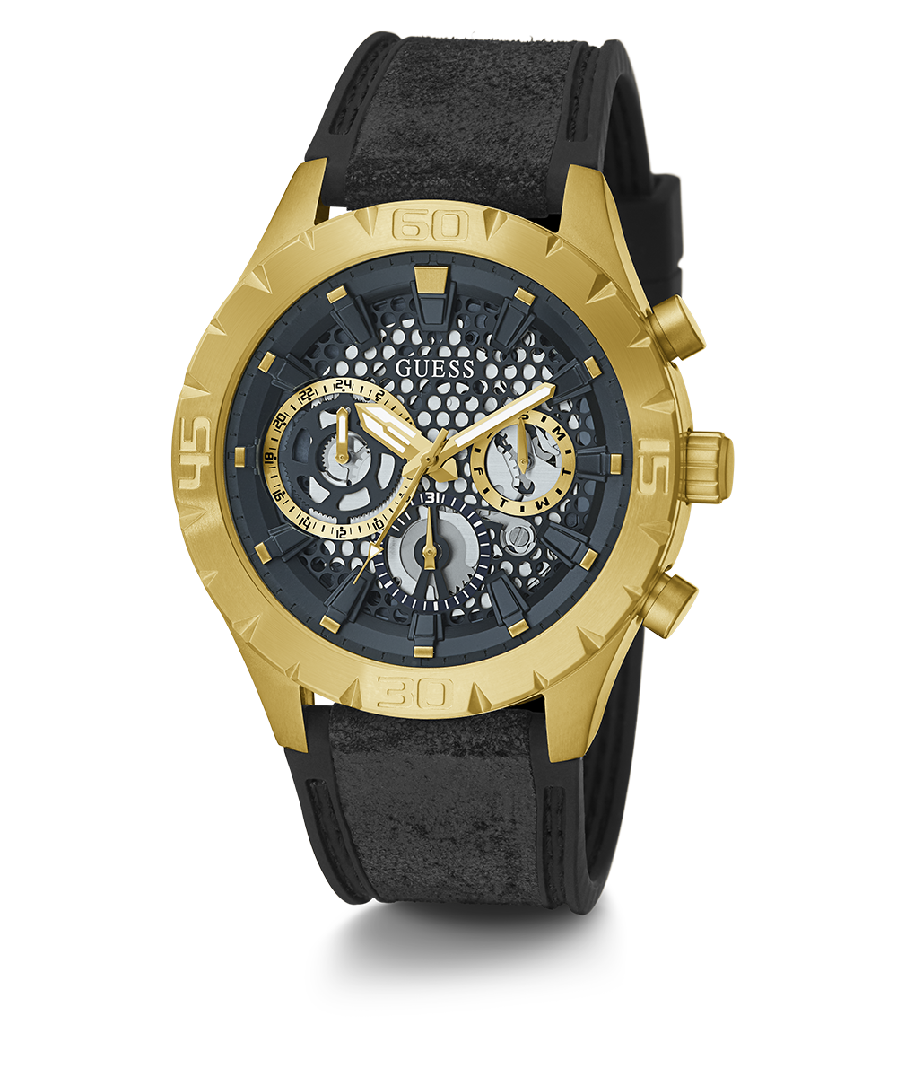 GUESS Mens Black Gold Tone Multi-function Watch