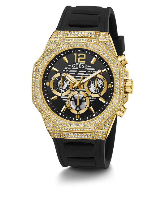 GUESS Mens Black Gold Tone Multi-function Watch