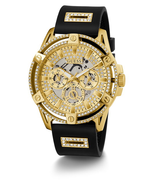 GUESS Mens Black Gold Tone Multi-function Watch