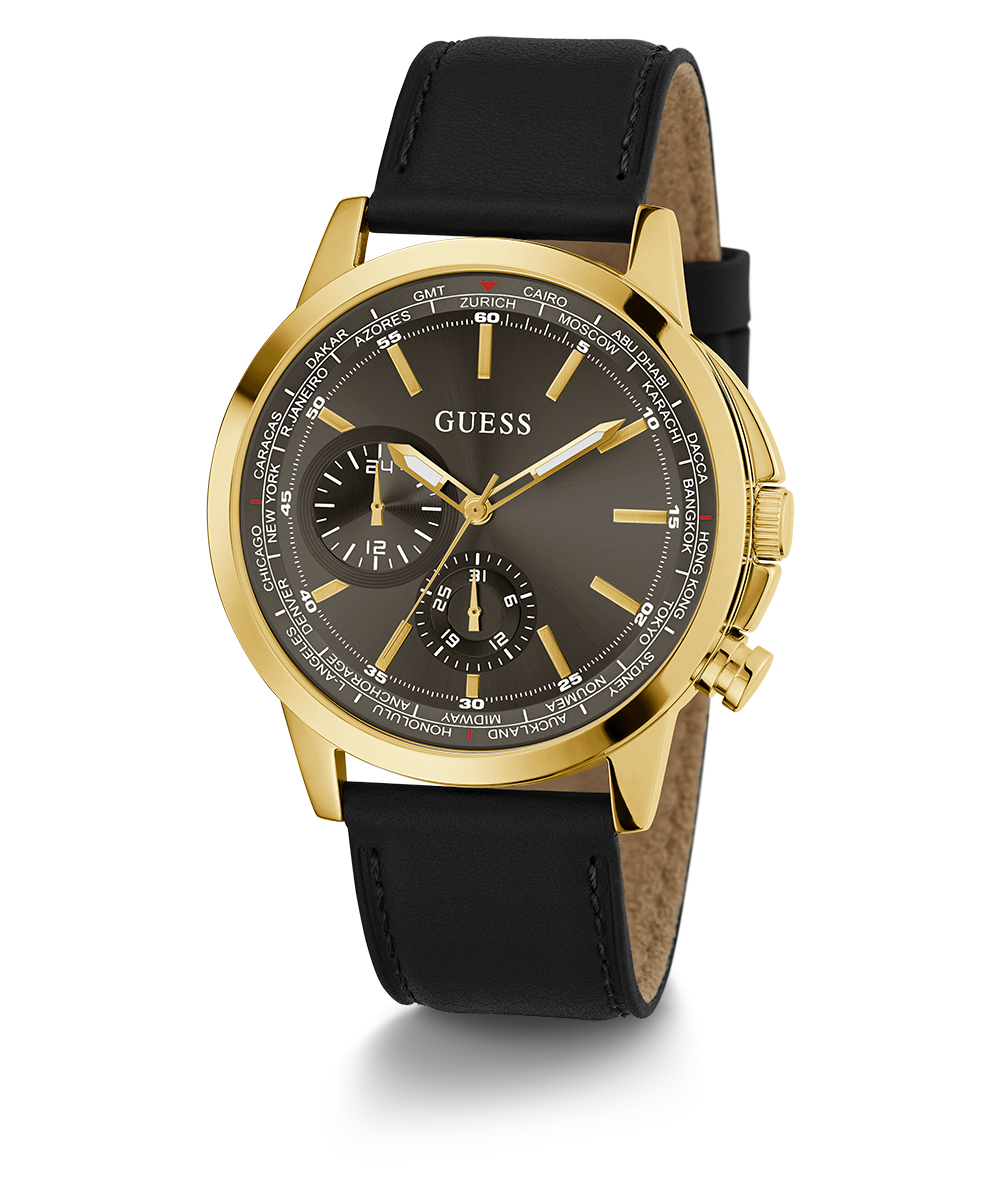 GUESS Mens Black Gold Tone Multi-function Watch