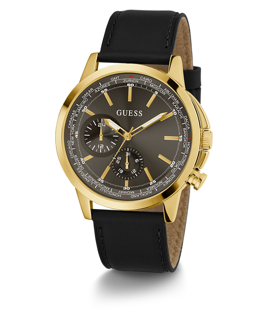 GUESS Mens Black Gold Tone Multi-function Watch