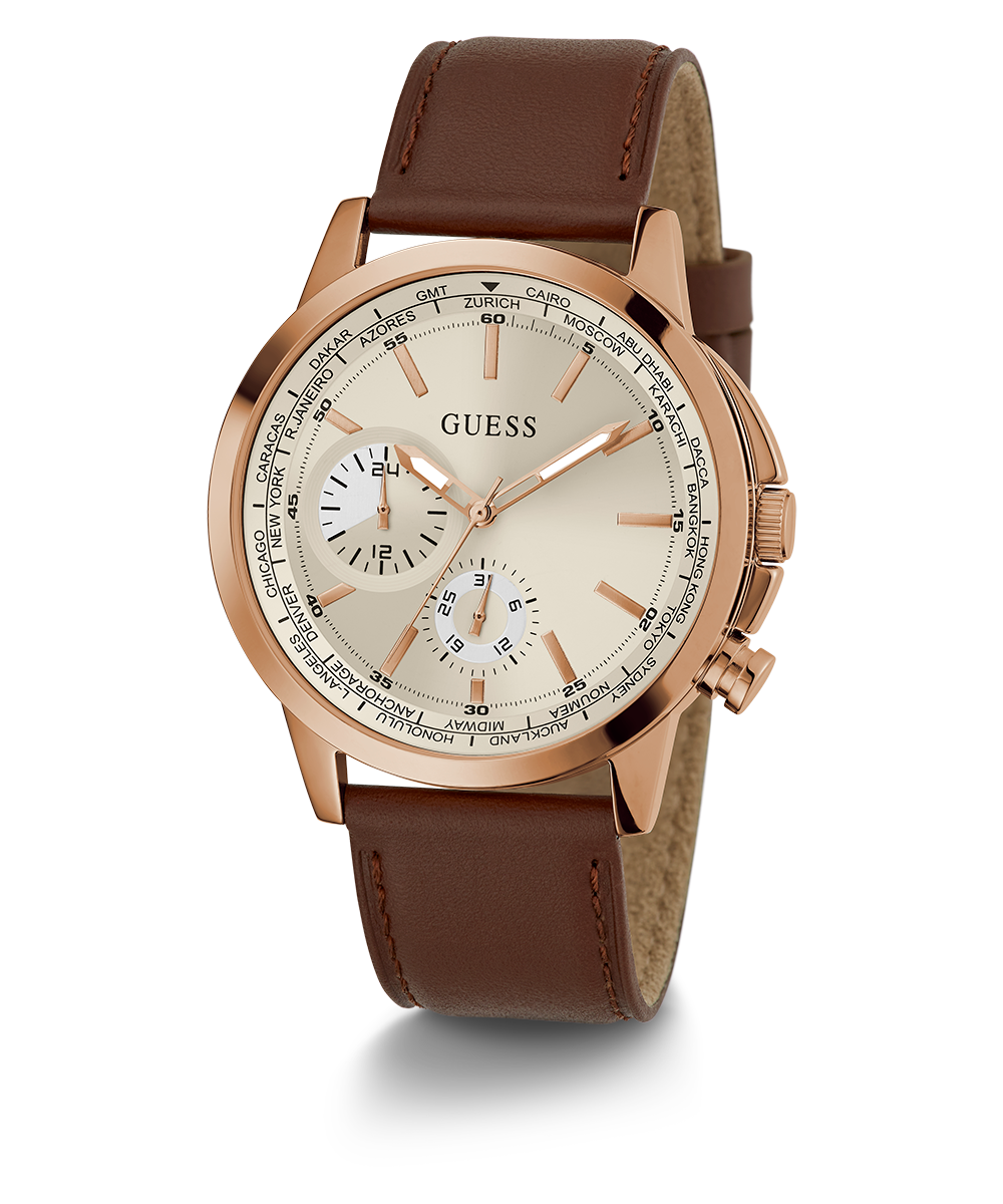 GUESS Mens Brown Rose Gold Tone Multi-function Watch