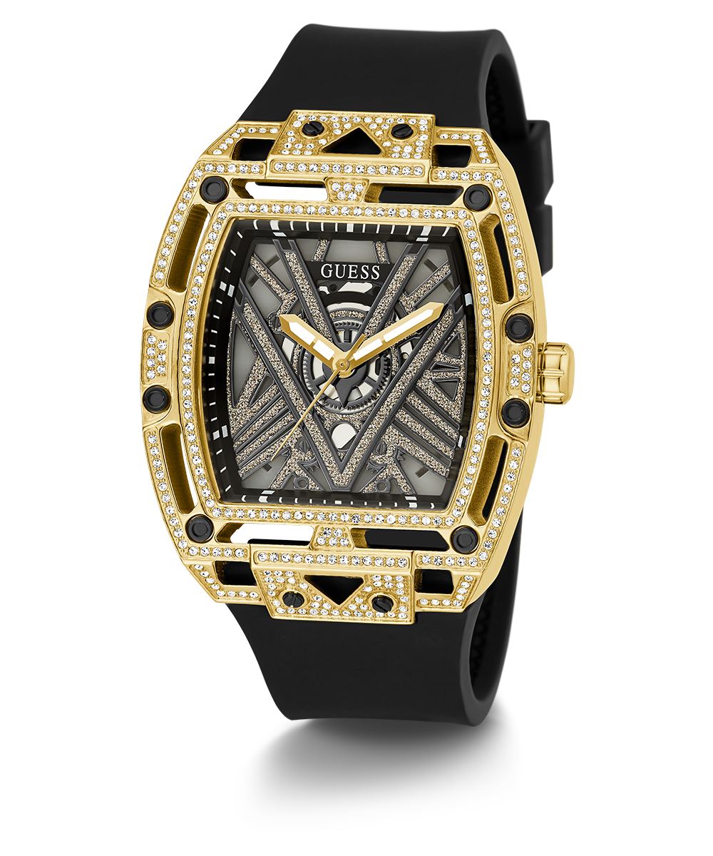 GUESS Mens Black Gold Tone Analog Watch