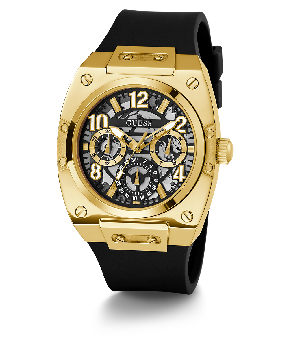 GUESS Mens Black Gold Tone Multi-function Watch