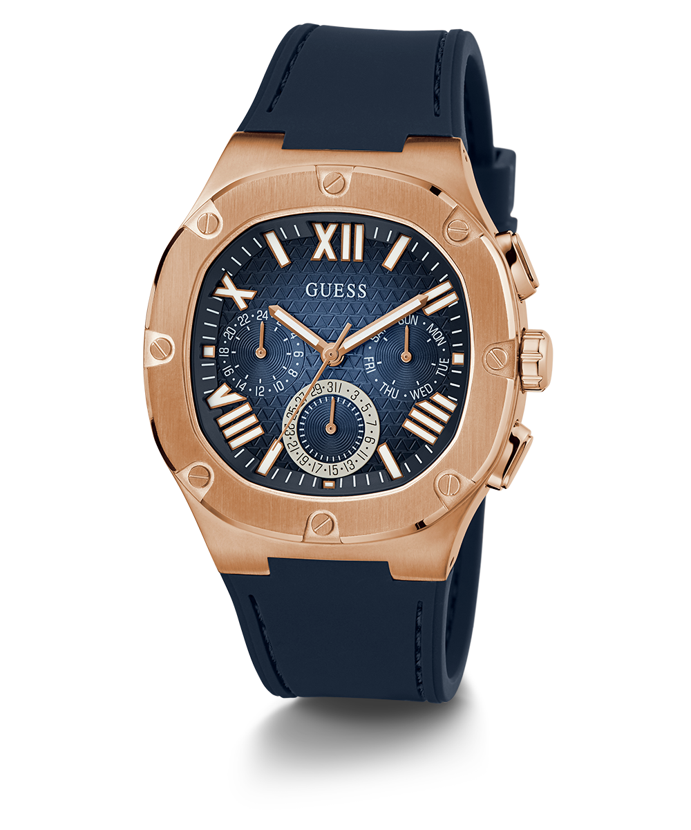 GUESS Mens Navy Rose Gold Tone Multi-function Watch