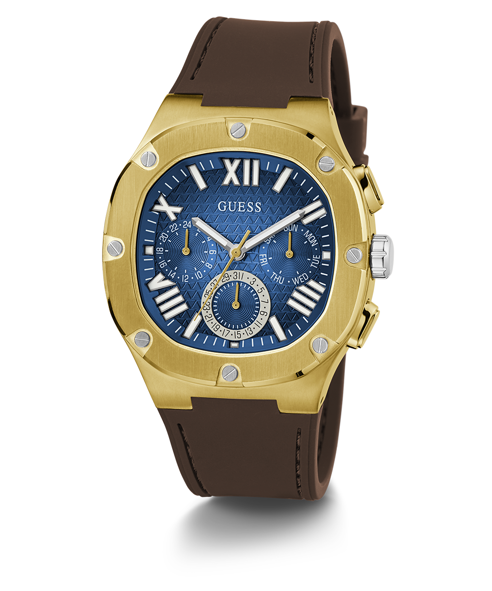 GUESS Mens Brown Gold Tone Multi-function Watch